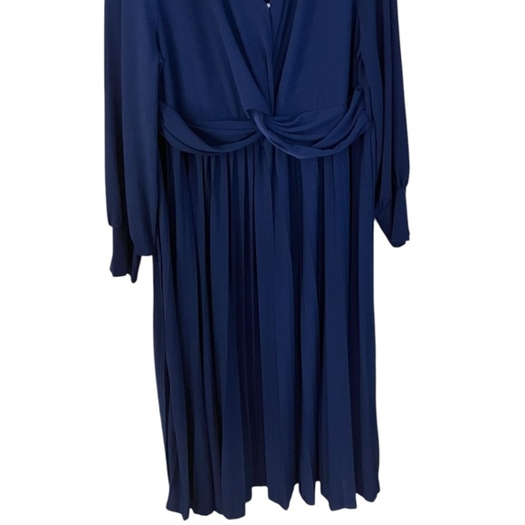 NWT ELOQUI Blue Slimming Midi Knot Front Pleated Skirt Long Sleeve Dress Size 24 - Picture 8 of 14
